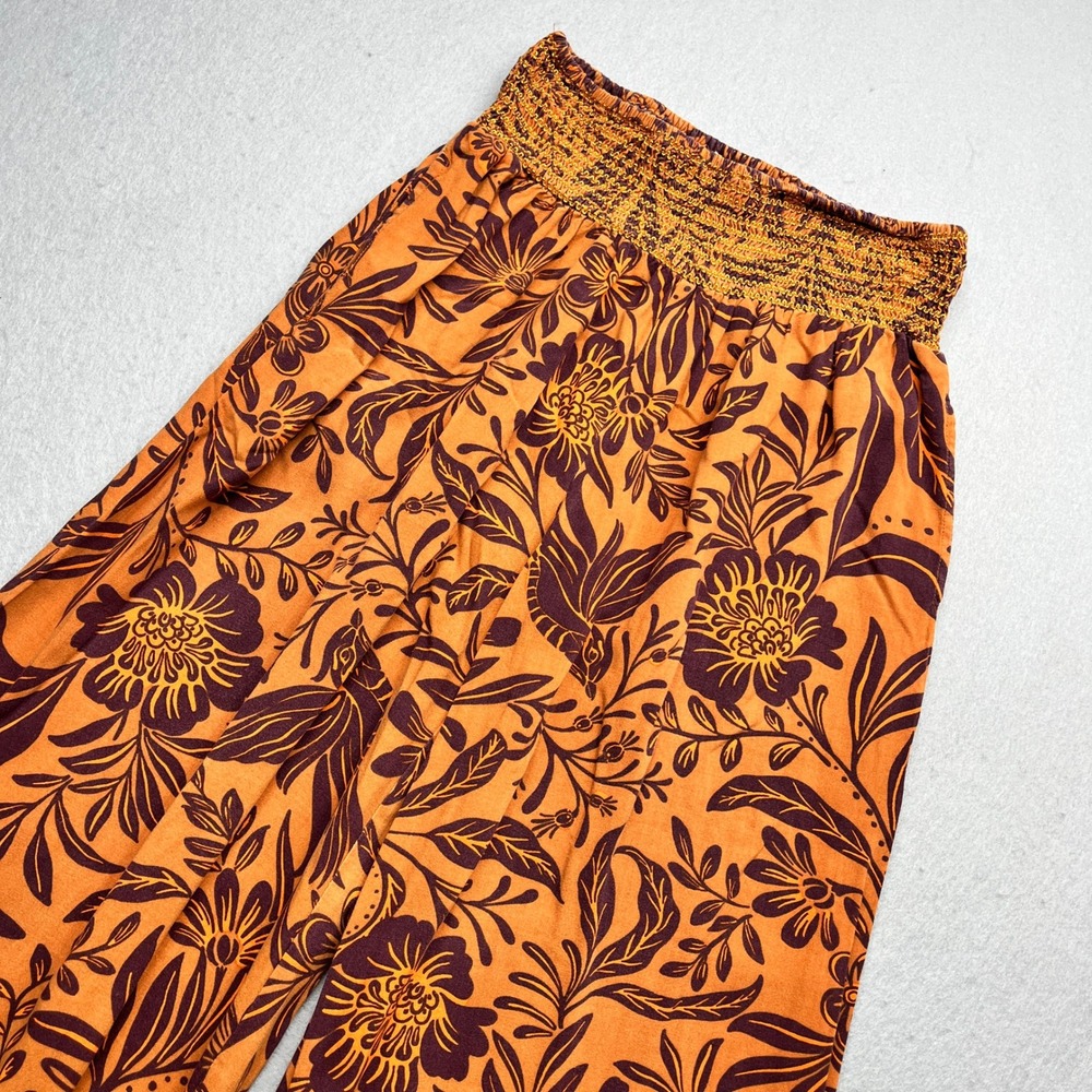 Patrons of Peace Floral Bird Print Wide Leg Boho Pants Orange Purple Small
